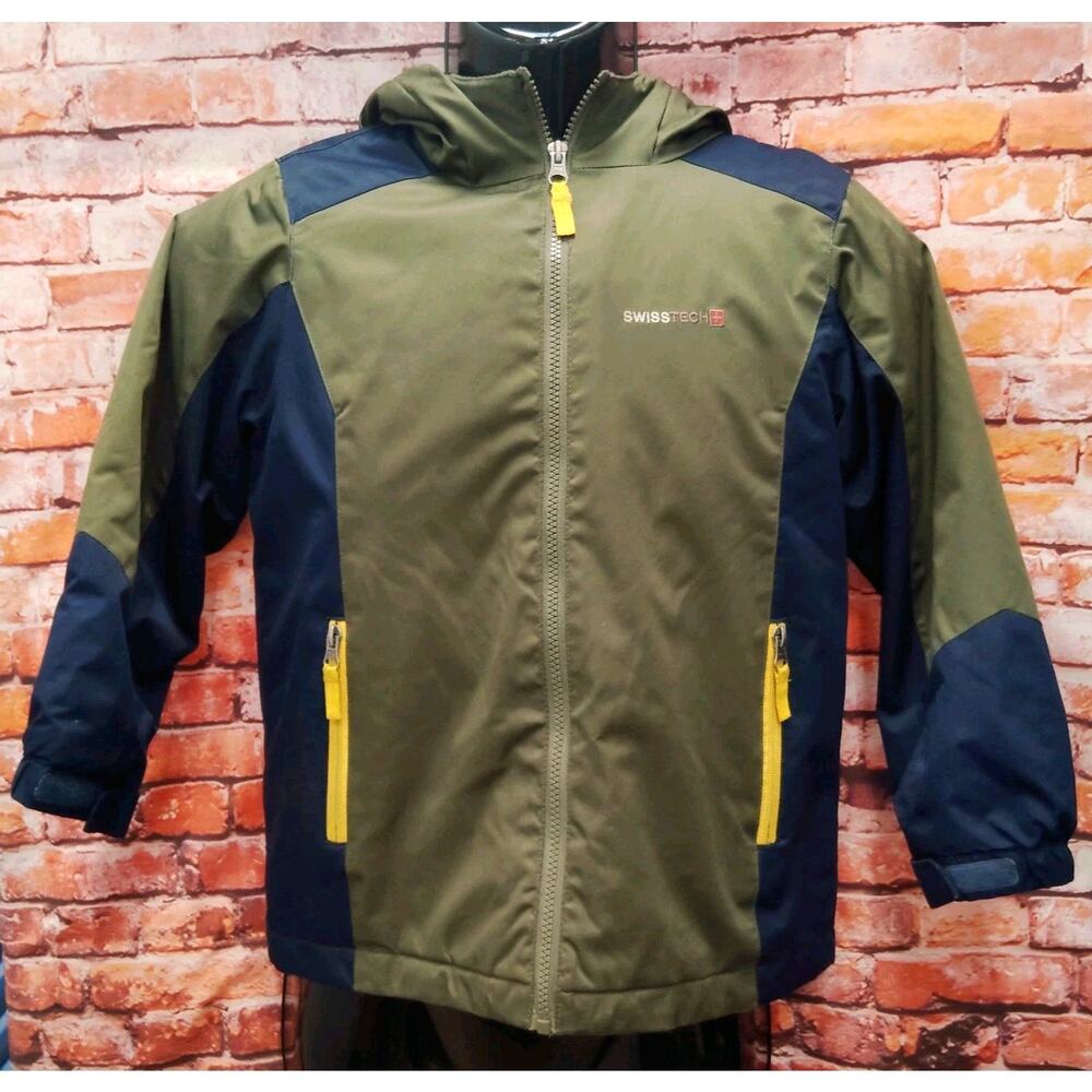 Swiss Tech Parka Jacket Youth Small 6/7 Years Navy Green Hooded Full Zipper